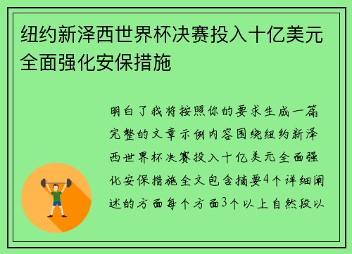 纽约新泽西世界杯决赛投入十亿美元全面强化安保措施 纽约新泽西世界杯决赛投入十亿美元全面强化安保措施
